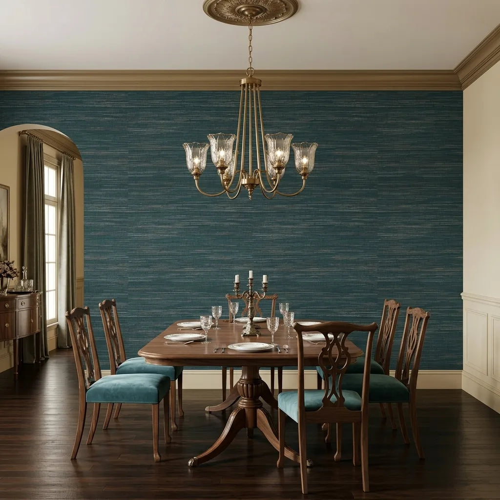Dining Room - Modern space showcasing Multicolored Hemp wallpaper in Teal and Beige by York Wallcoverings.