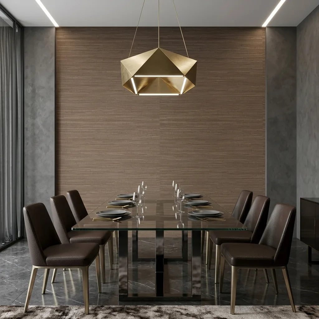 Dining Room - Warm dining room with "Multicolored Hemp" wallpaper in brown and tan by York Wallcoverings, creating a cozy, natural ambiance.