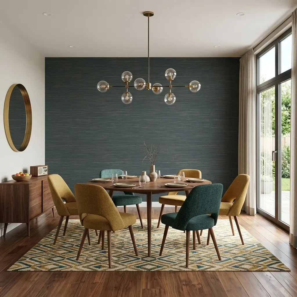 Dining Room - Features Multicolored Hemp wallpaper in Deep Teal and Tan by York Wallcoverings, creating a vibrant space.