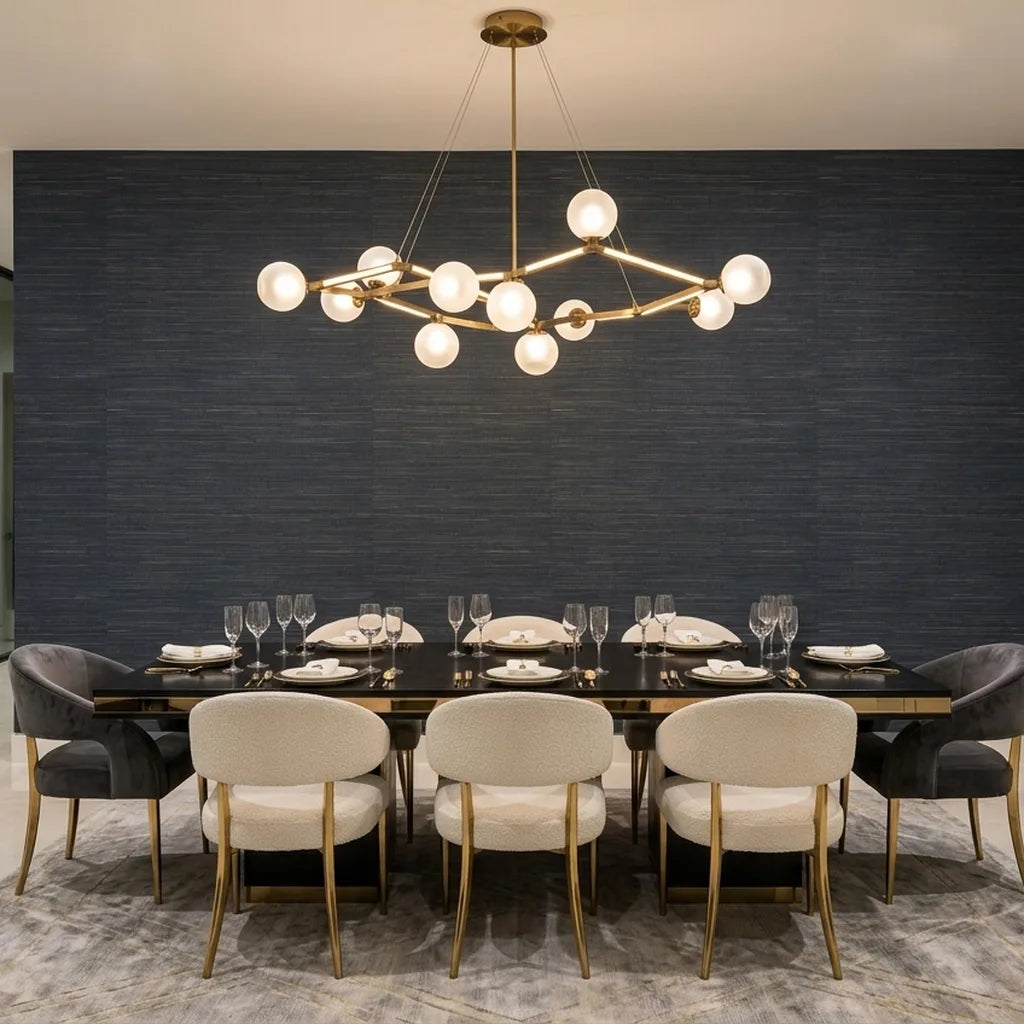 Dining Room - Modern dining space showcasing elegant York Wallcoverings Multicolored Hemp wallpaper in a stylish Navy Blue and Tan pattern.