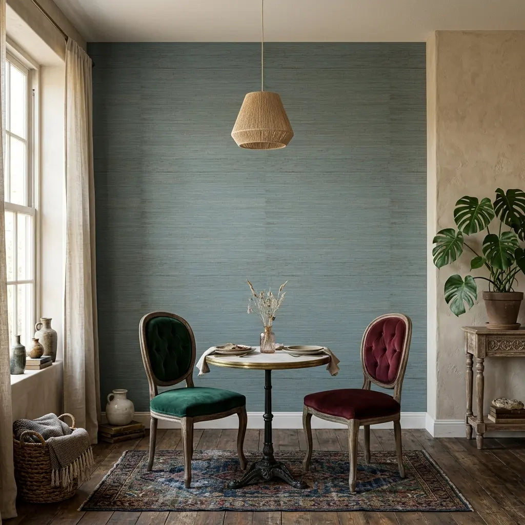 Dining Room - Multicolored Hemp wallpaper by York Wallcoverings in Teal and Beige adds natural texture and serene style.