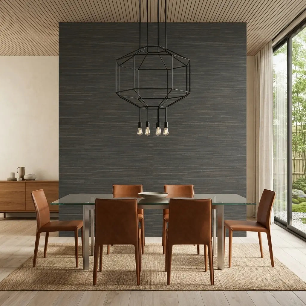 Dining Room - Multicolored Hemp wallpaper in Dark Teal Tan by York Wallcoverings creates a natural, modern aesthetic.