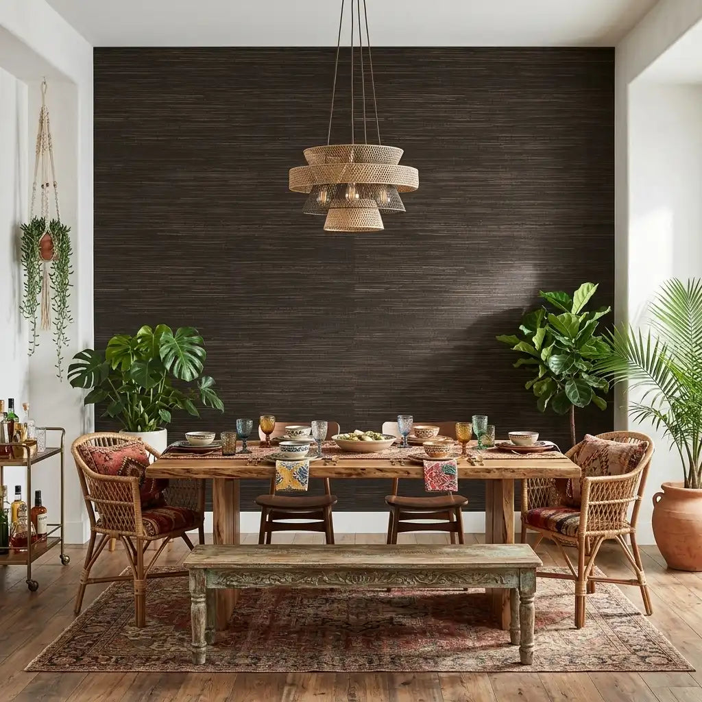 Dining Room - Multicolored Hemp wallpaper in Brown and Tan by York Wallcoverings adds natural texture and warmth to this stylish space.