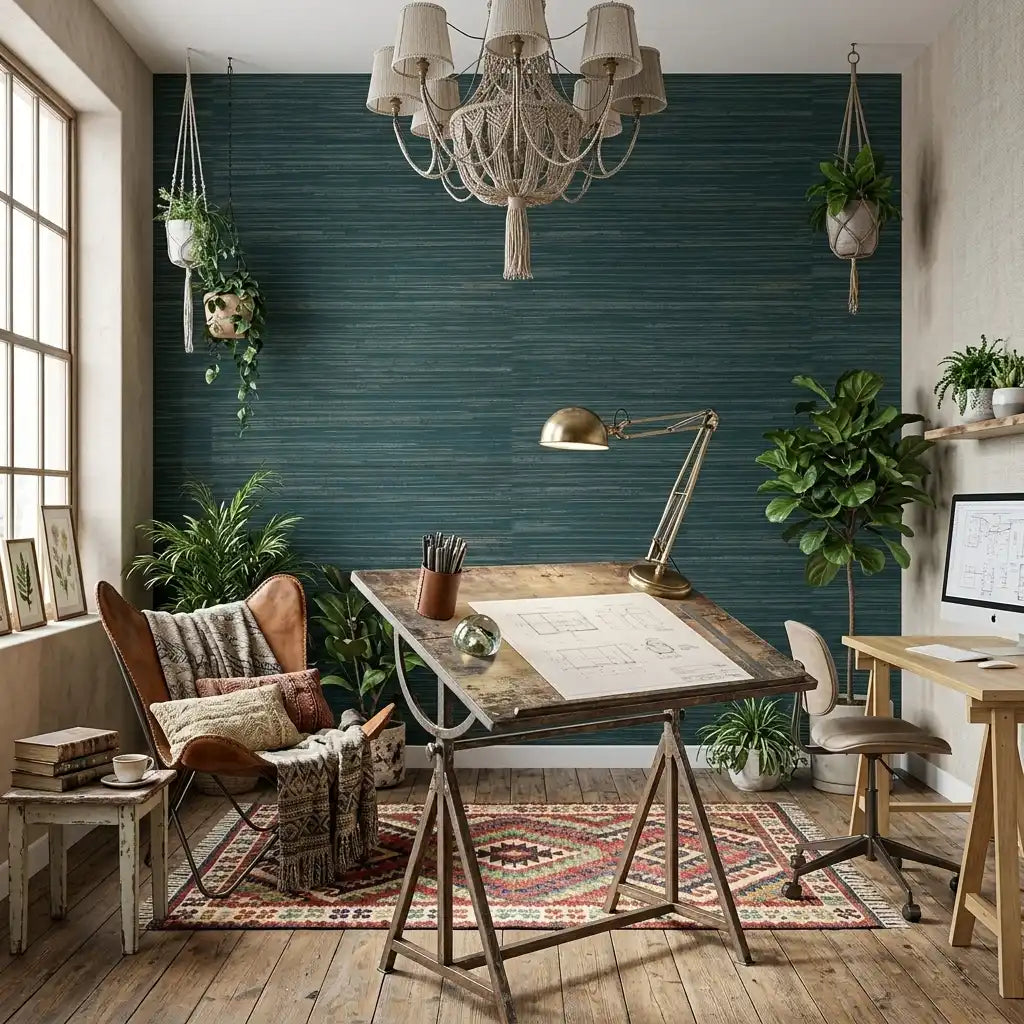 Home Office - Multicolored Hemp wallpaper in Teal & Natural by York Wallcoverings adds a vibrant, textured backdrop to this workspace.