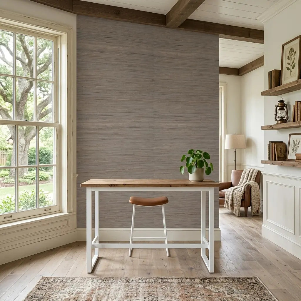 Home Office - Elegant home office featuring textured "Multicolored Hemp" wallpaper in Brown and Grey by York Wallcoverings.