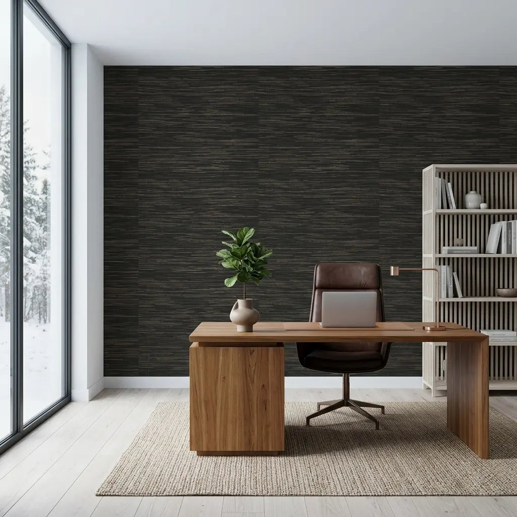 Home Office - York Wallcoverings Multicolored Hemp wallpaper in Charcoal and Beige defines this chic, productive workspace.