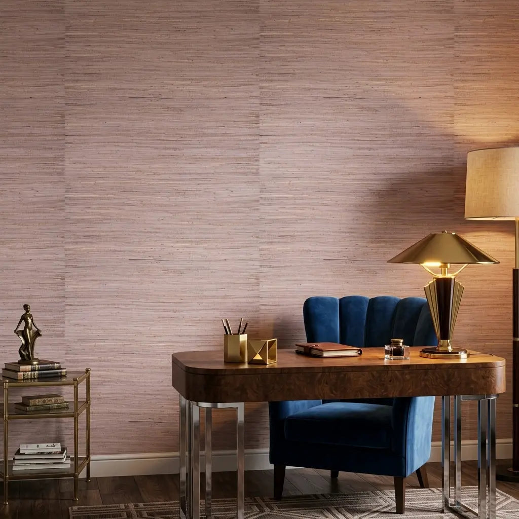 Home Office - Modern workspace showcasing unique Lavender Multicolored Hemp wallpaper by York Wallcoverings for a stylish design.