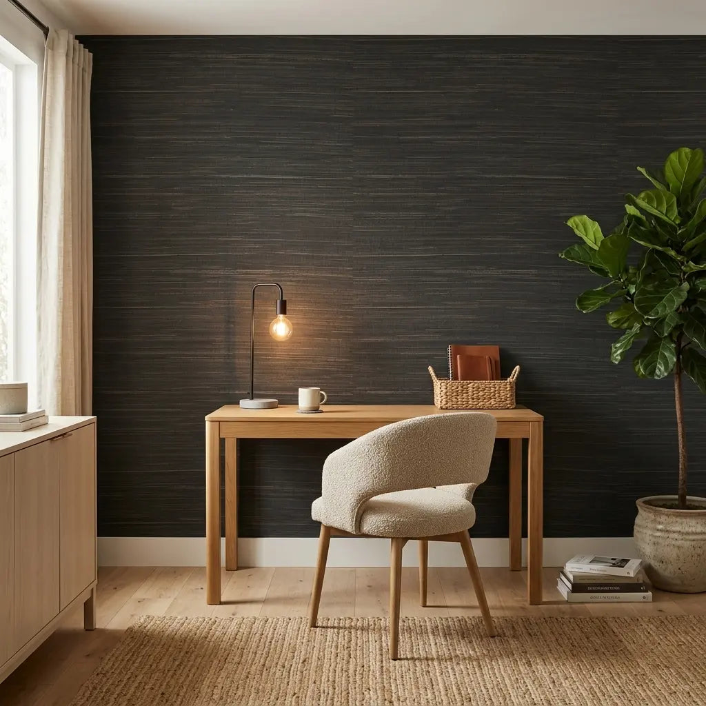 Home Office - Stylish home office featuring "Multicolored Hemp" wallpaper in Dark Teal Tan by York Wallcoverings for a chic look.