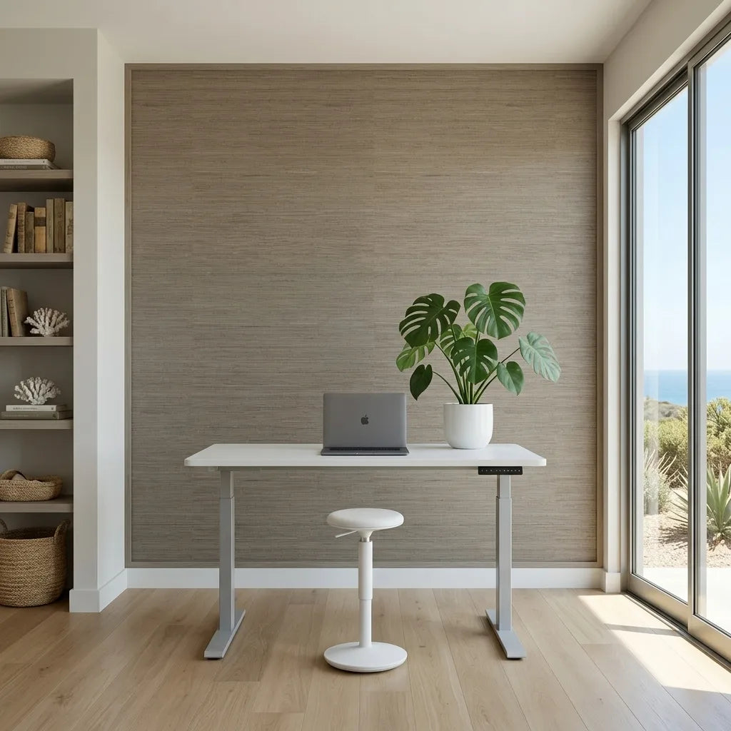 Home Office - Home office with stunning Khaki Green Multicolored Hemp wallpaper by York Wallcoverings.