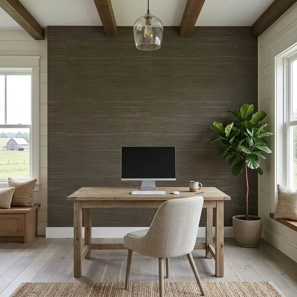 Home Office - Stylish workspace showcasing York Wallcoverings' Olive Green Multicolored Hemp wallpaper for a natural, textured look.