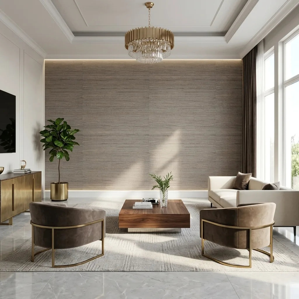 Living Room - features "Multicolored Hemp" wallpaper in Brown and Grey by York Wallcoverings, creating a stylish space.