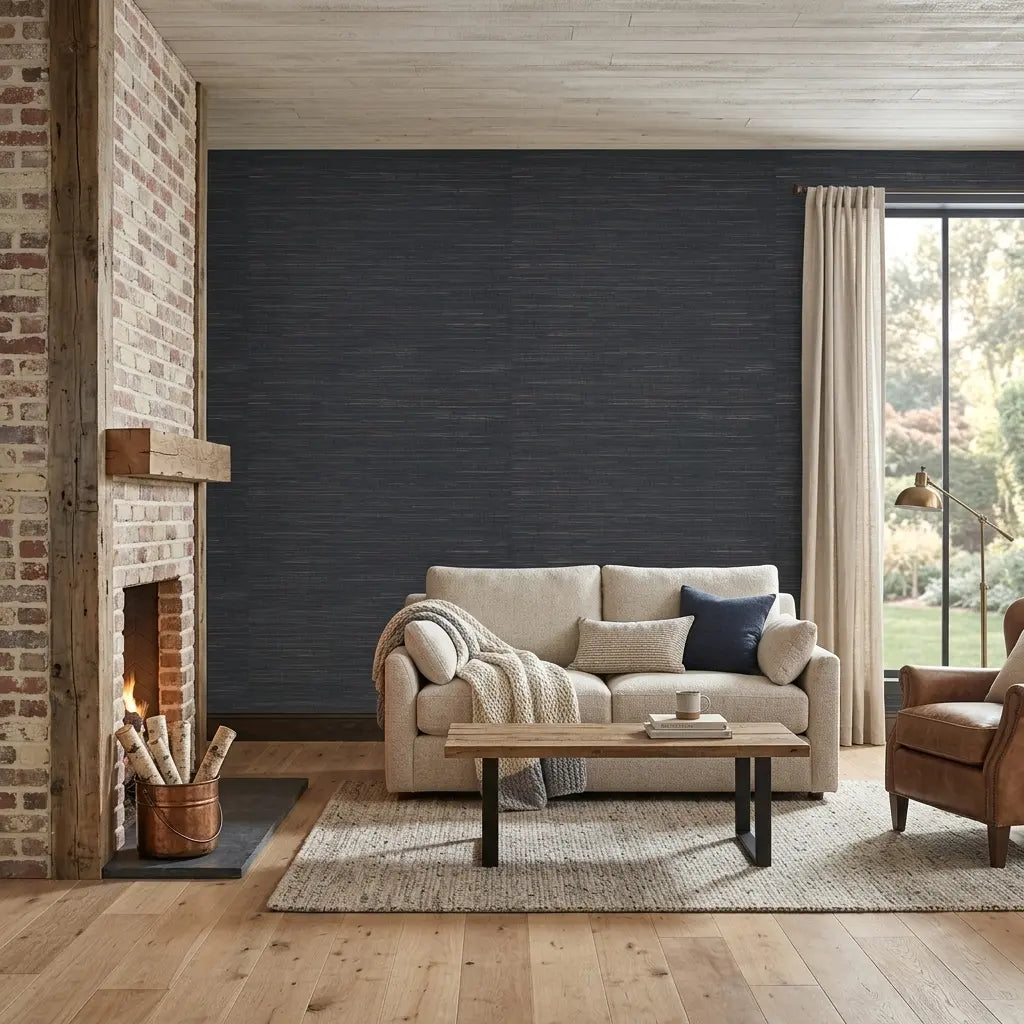 Living Room - Features Multicolored Hemp wallpaper in Navy Blue and Tan by York Wallcoverings, creating a natural, textured accent wall.