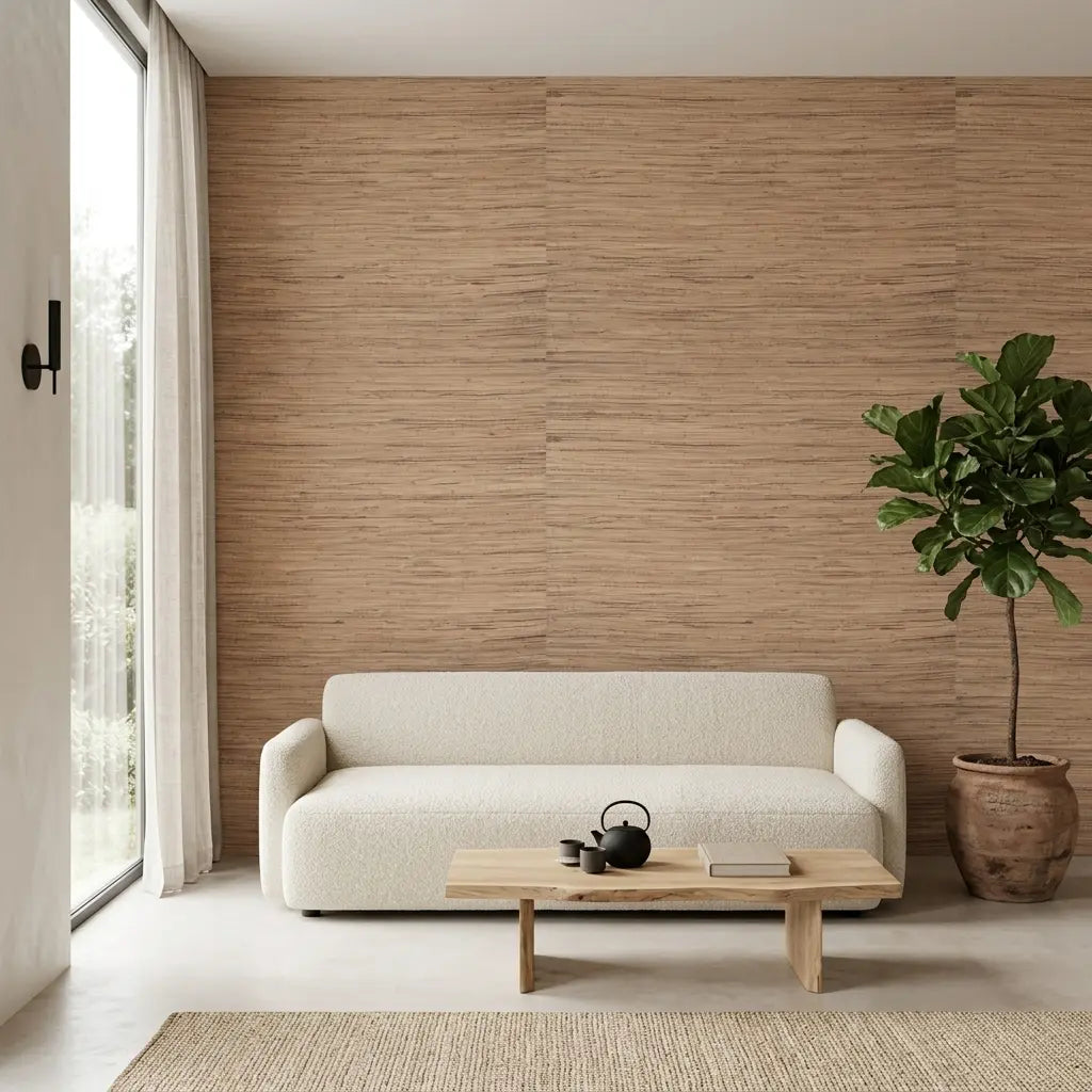 Living Room - features Multicolored Hemp wallpaper in Natural Hemp by York Wallcoverings, creating a vibrant, textured space.