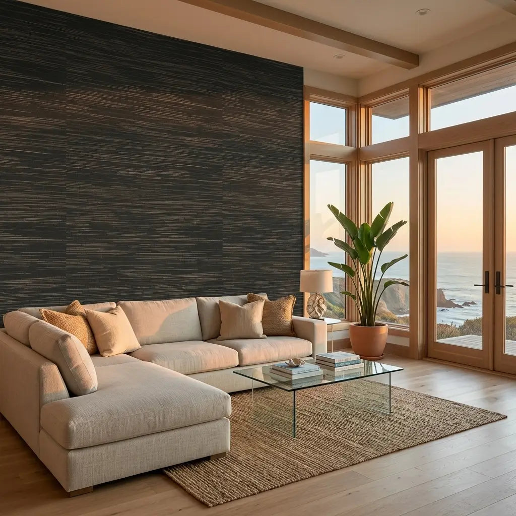 Living Room - Multicolored Hemp wallpaper in Charcoal and Beige by York Wallcoverings creates a stylish, textured accent.