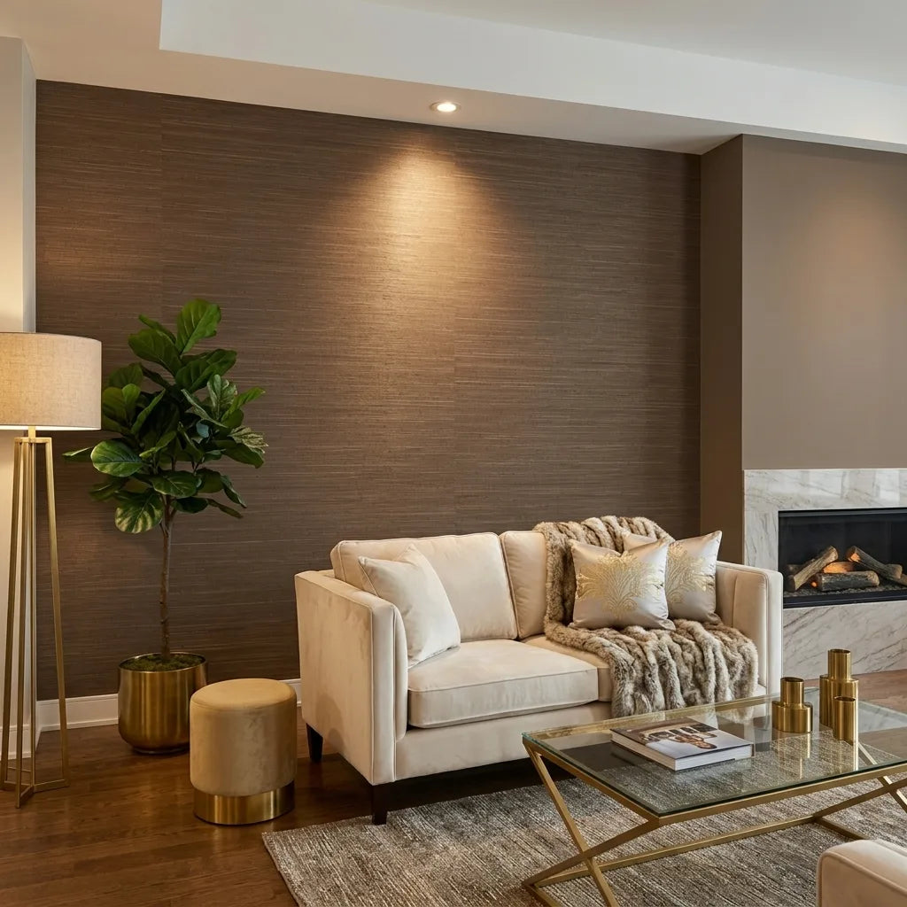 Living Room - Showcasing Multicolored Hemp wallpaper in Brown and Tan by York Wallcoverings, creating a textured, organic feel.