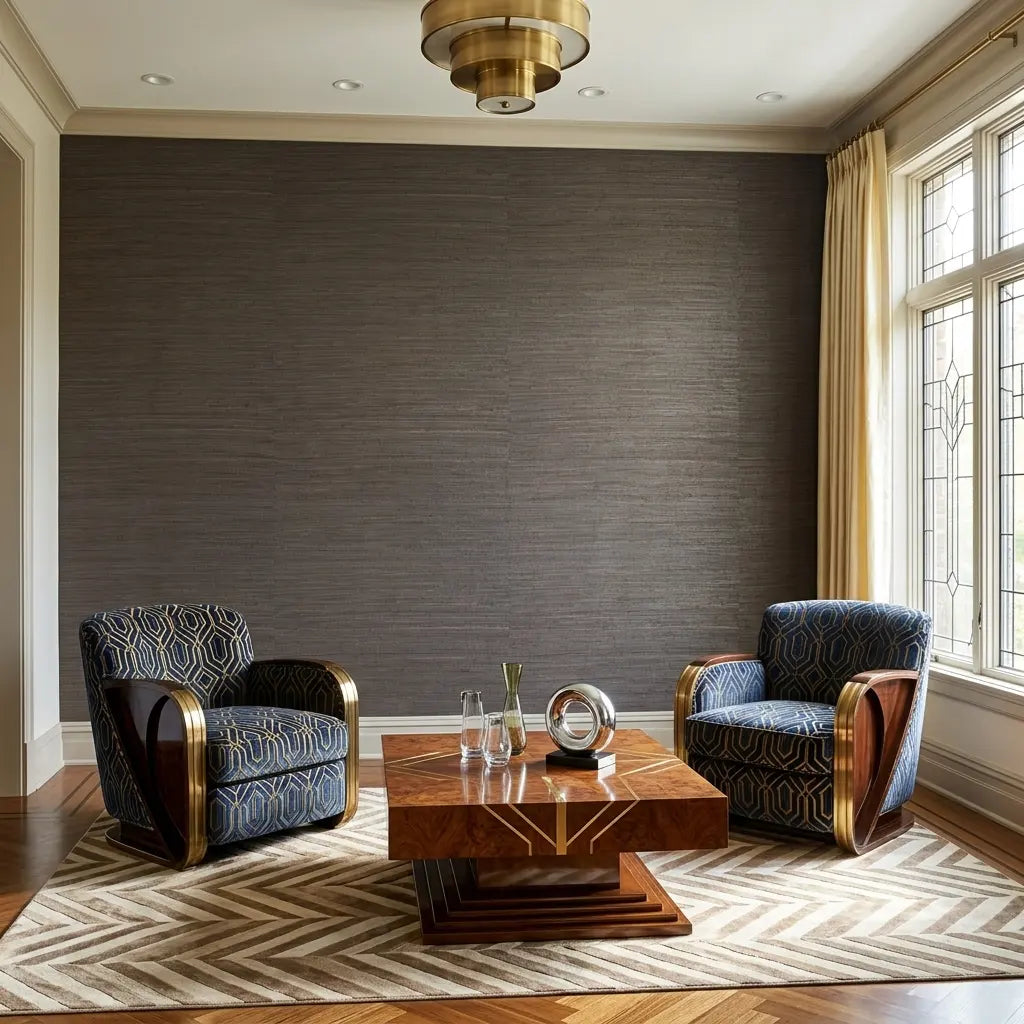 Living Room - Multicolored Hemp wallpaper in brown and grey by York Wallcoverings adds natural texture and warmth to this stylish space.