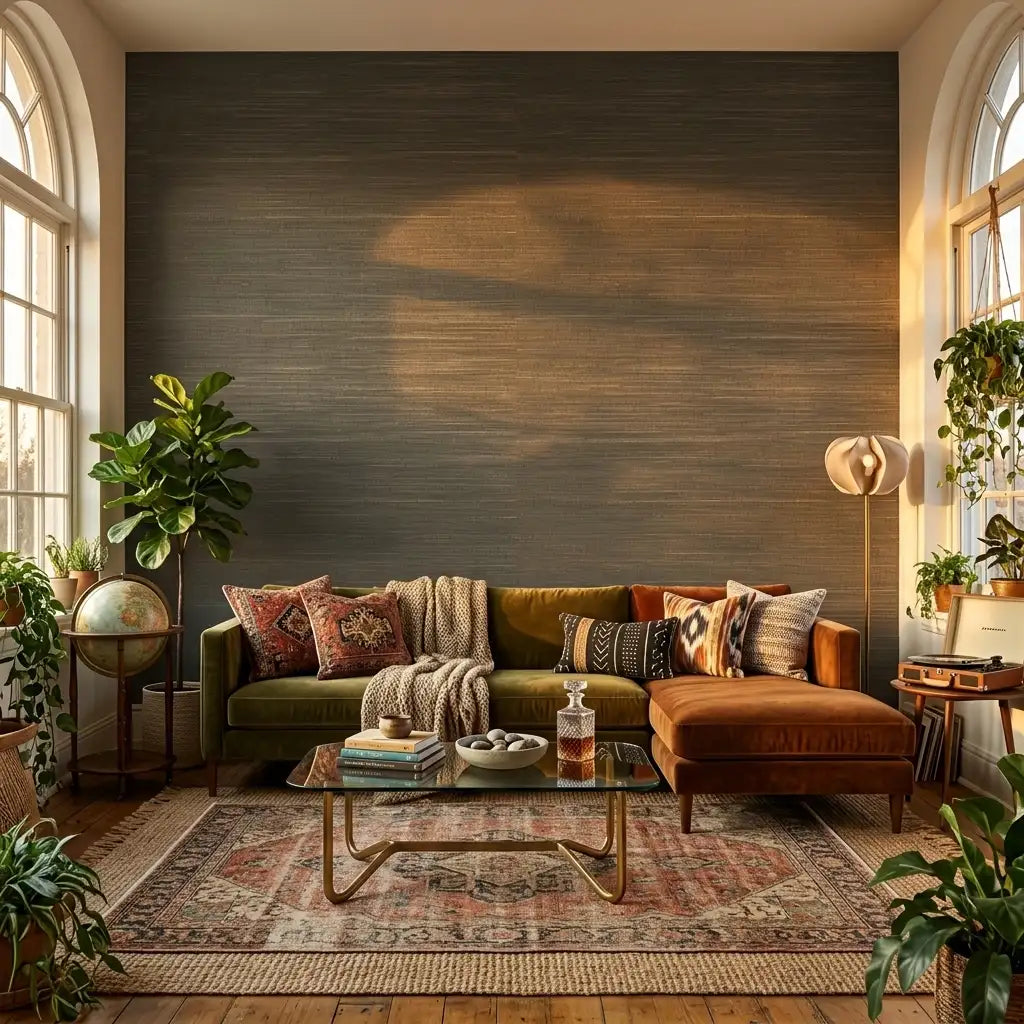 Living Room - Elegant space featuring Olive Green Multicolored Hemp wallpaper by York Wallcoverings, adding natural texture and sophisticated color.