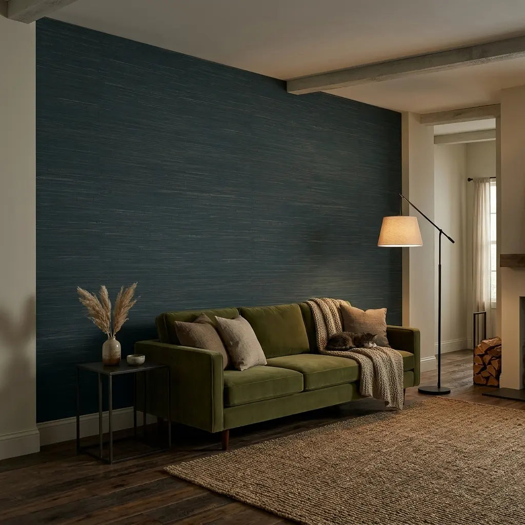 Living Room - showcasing Multicolored Hemp wallpaper in Deep Teal and Tan by York Wallcoverings, a modern and inviting space.