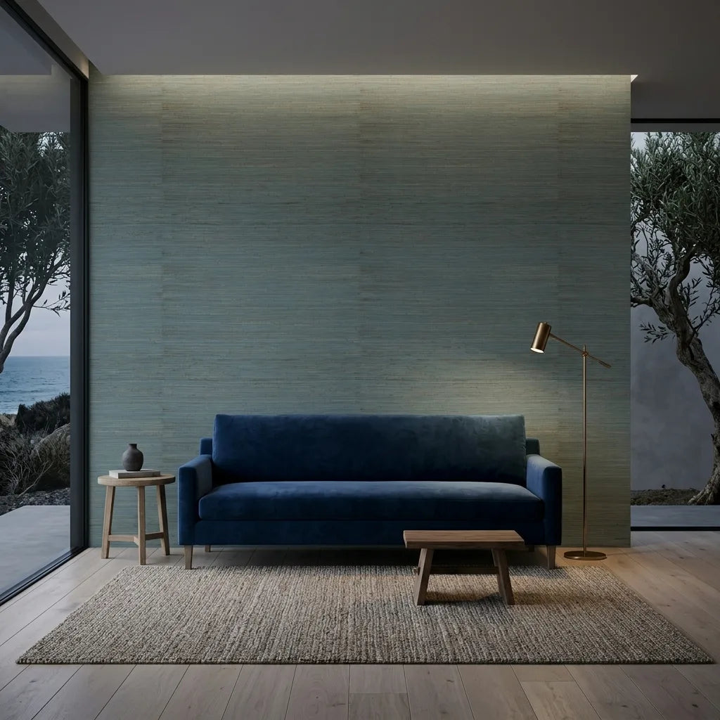 Living Room - Modern living space featuring "Multicolored Hemp" wallpaper in Teal and Beige, creating a stylish look by York Wallcoverings.