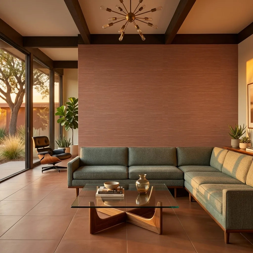 Living Room - Multicolored Hemp wallpaper in Rust by York Wallcoverings brings organic texture and earthy tones to this cozy room.
