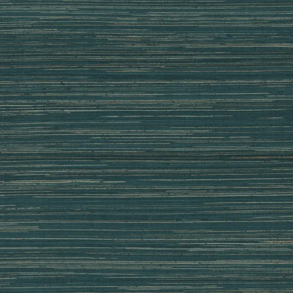 A swatch of York Wallcoverings 'Multicolored Hemp' wallpaper in Teal and Natural (SKU GRL88472), showcasing its woven texture.
