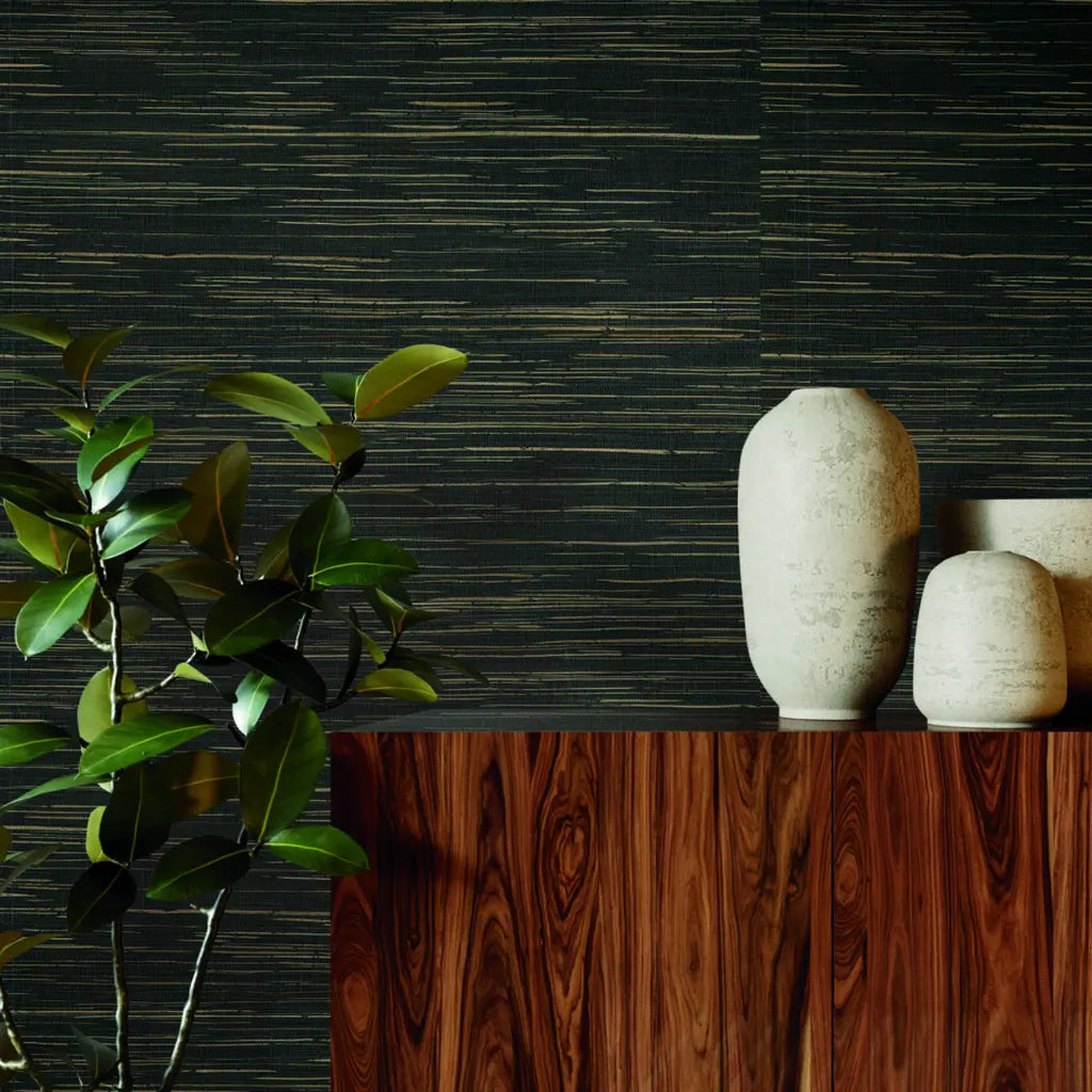 Interior with York Wallcoverings' Multicolored Hemp wallpaper in elegant Charcoal and Beige, adding texture and modern style.