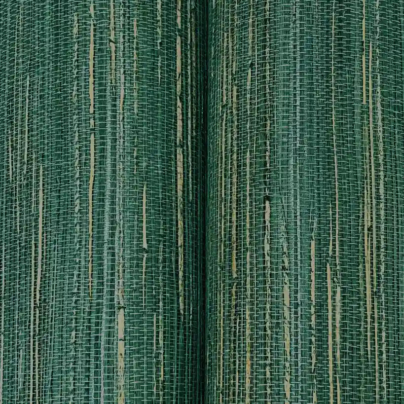 Close-up texture of York Wallcoverings' Multicolored Hemp wallpaper, showcasing deep teal and tan woven fibers.