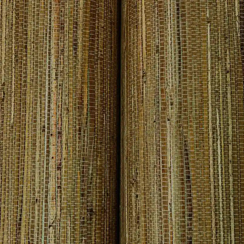 Close-up of York Wallcoverings Multicolored Hemp wallpaper texture in warm brown and tan fibers.