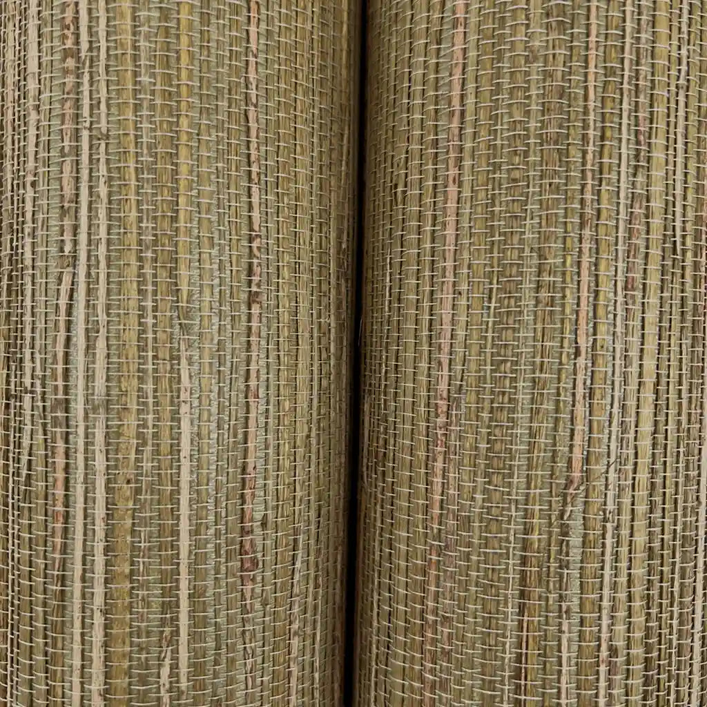 Macro view of Multicolored Hemp wallpaper in olive and beige by York Wallcoverings, showcasing its intricate woven texture.