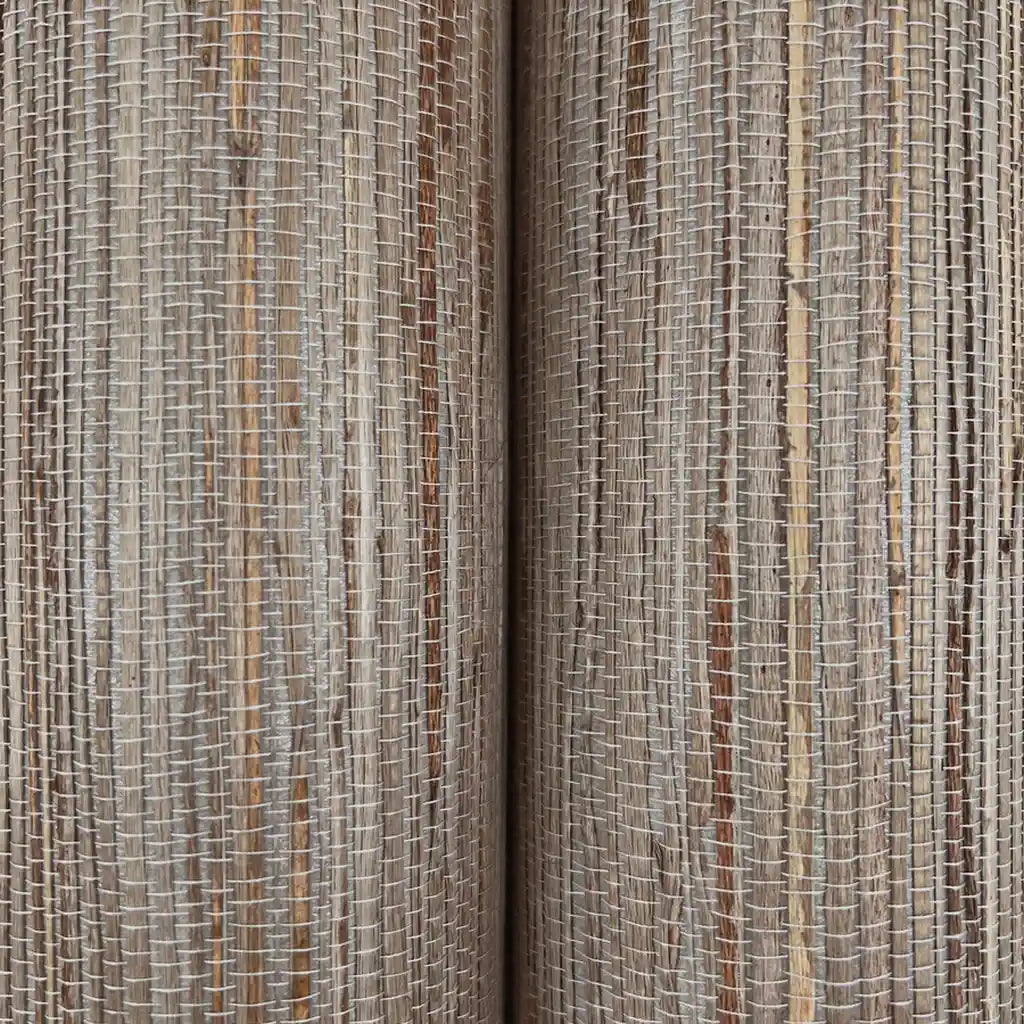 Close-up texture of York Wallcoverings' Multicolored Hemp wallpaper in brown and grey, highlighting its natural woven fibers.