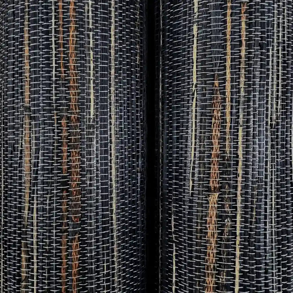 Close-up texture of Multicolored Hemp wallpaper by York Wallcoverings, featuring intricate navy blue and tan fibers.