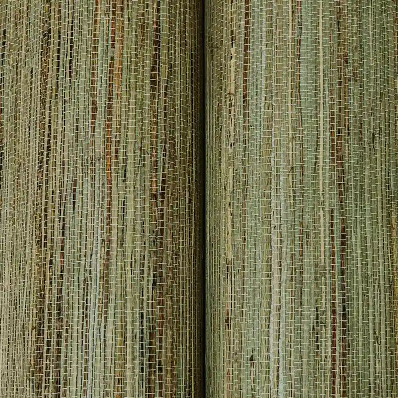 Detailed close-up of the woven texture of Multicolored Hemp wallpaper in Khaki Green by York Wallcoverings.