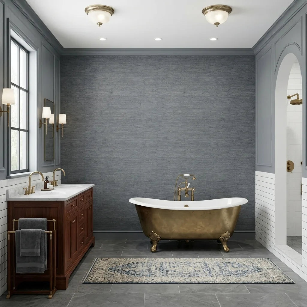 Bathroom - Stylish bathroom with textured Blue Grey Oceanside Grass wallpaper by York Wallcoverings, creating a serene coastal feel.