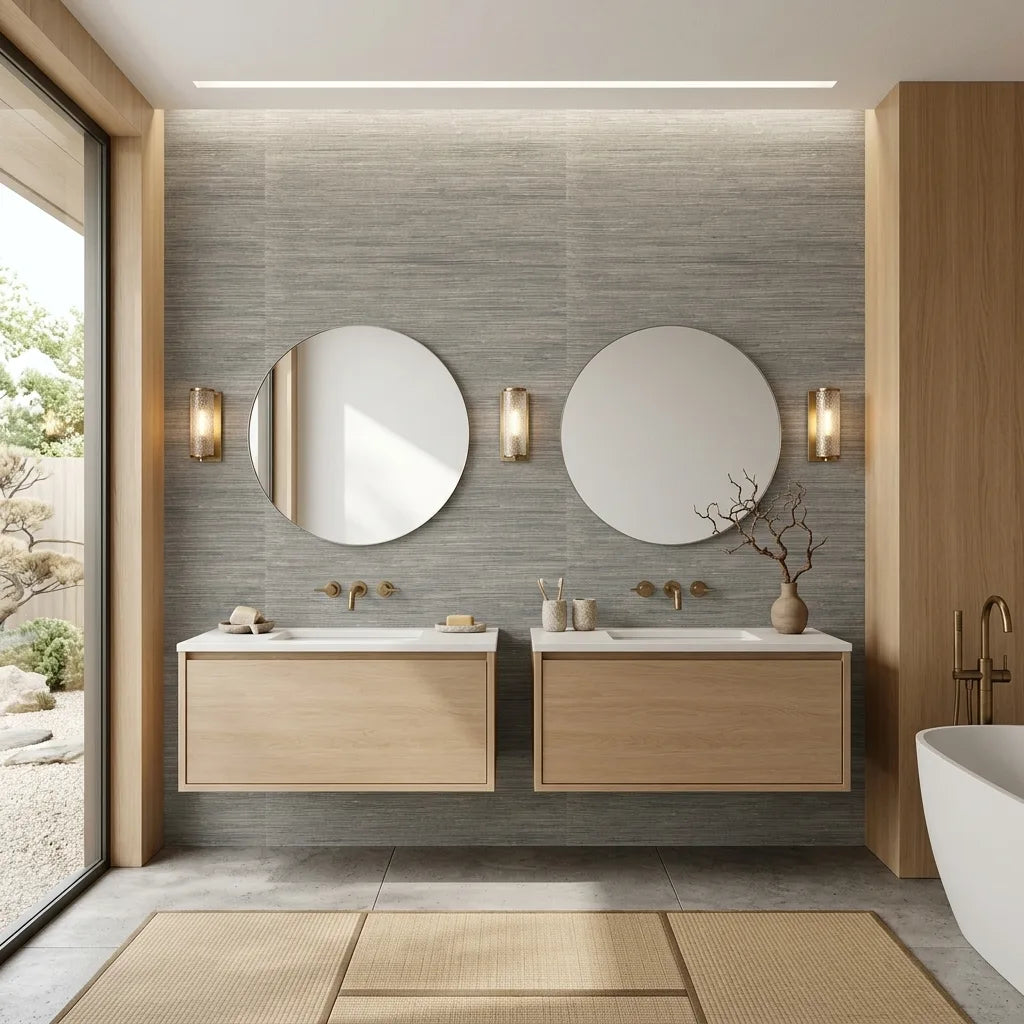 Bathroom - Coastal bathroom featuring York Wallcoverings' "Oceanside Grass" wallpaper in calming Seafoam Beige.
