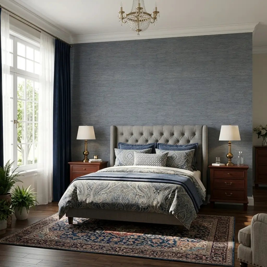 Bedroom - Modern bedroom with serene Blue Grey "Oceanside Grass" wallpaper by York Wallcoverings creating a calming coastal vibe.