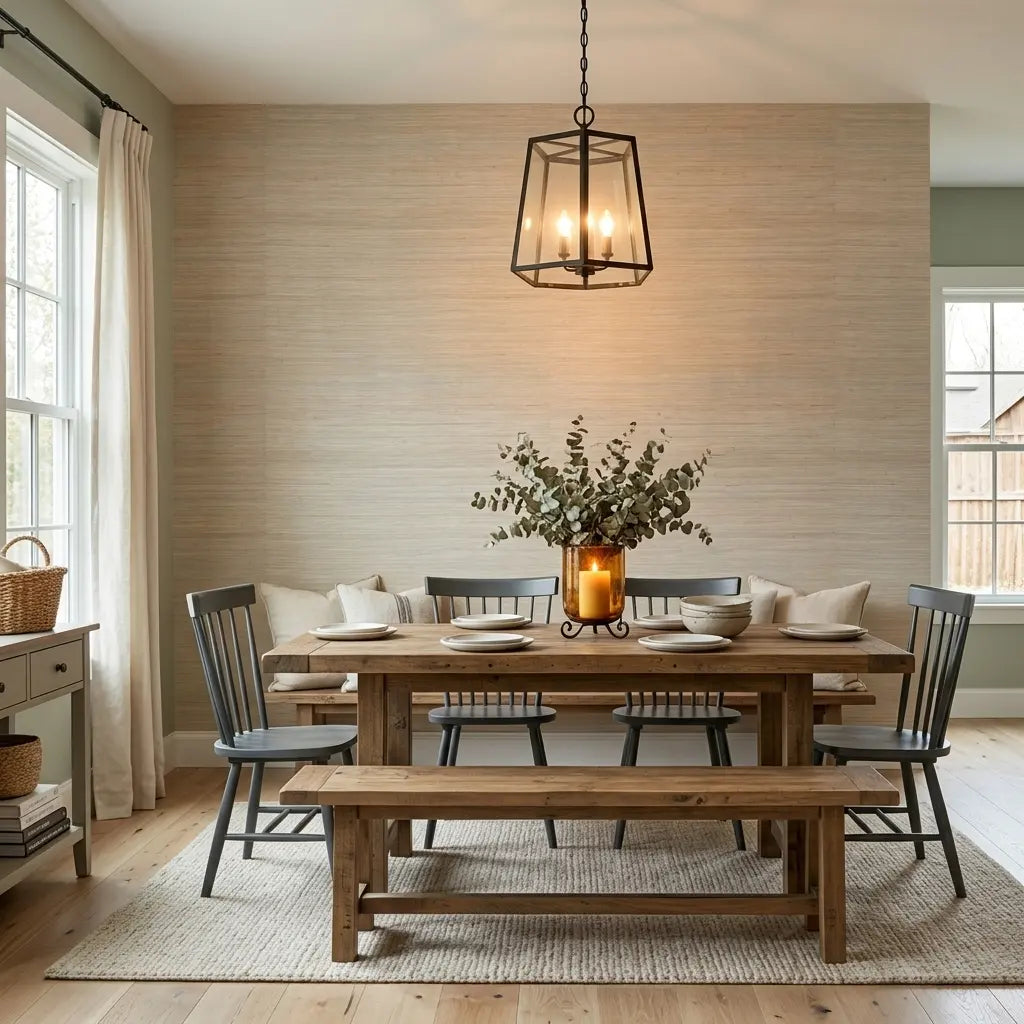 Dining Room - Modern space featuring Oceanside Grass wallpaper in Seafoam and Tan by York Wallcoverings, creating a serene coastal ambiance.