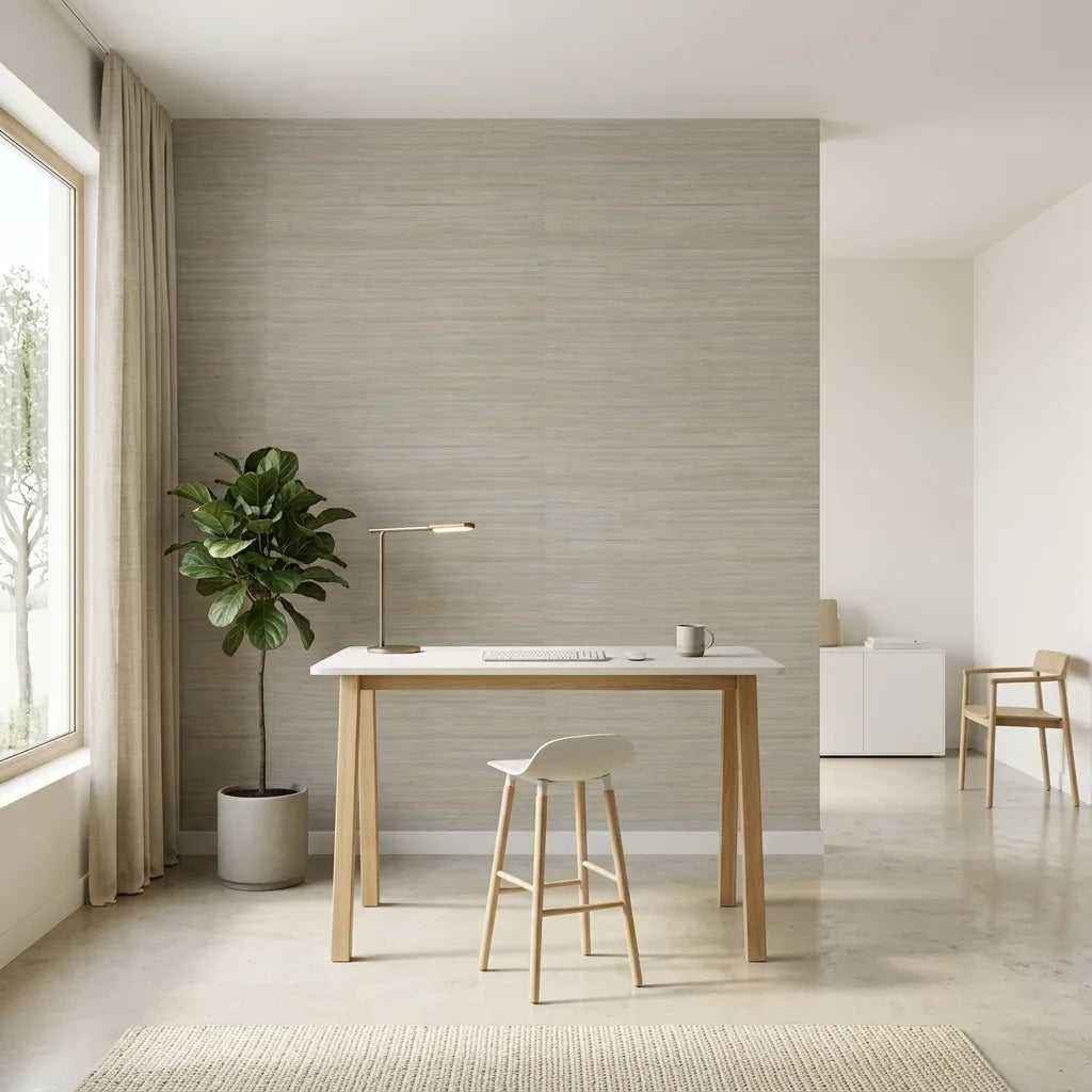 Home Office - Features Oceanside Grass wallpaper in Seafoam and Tan by York Wallcoverings, creating a serene workspace.