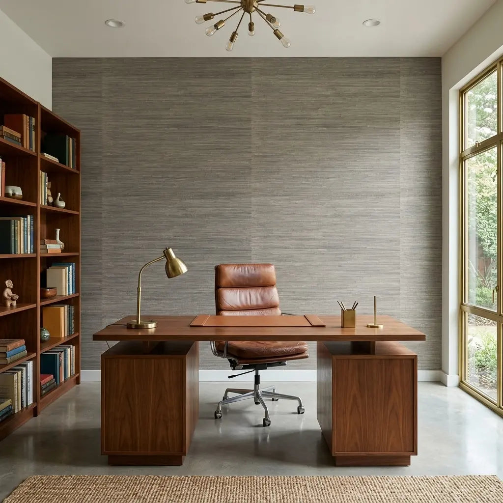 Home Office - York Wallcoverings' Oceanside Grass wallpaper in Seafoam Beige creates a serene and stylish workspace.