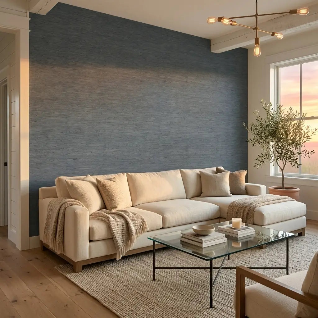 Living Room - Modern living room with 'Oceanside Grass' wallpaper in Blue Grey by York Wallcoverings creating a serene space.