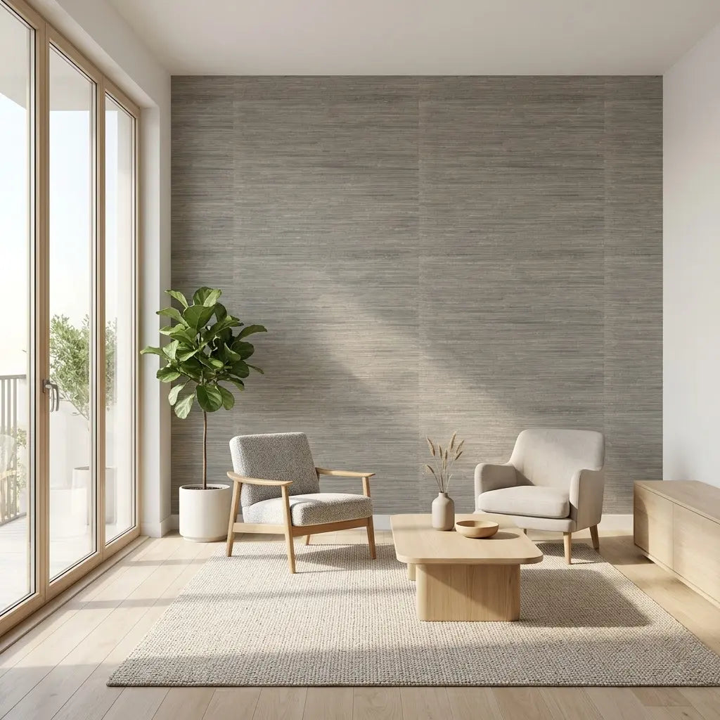 Living Room - Cozy space with Seafoam Beige Oceanside Grass wallpaper by York Wallcoverings, adding natural texture.