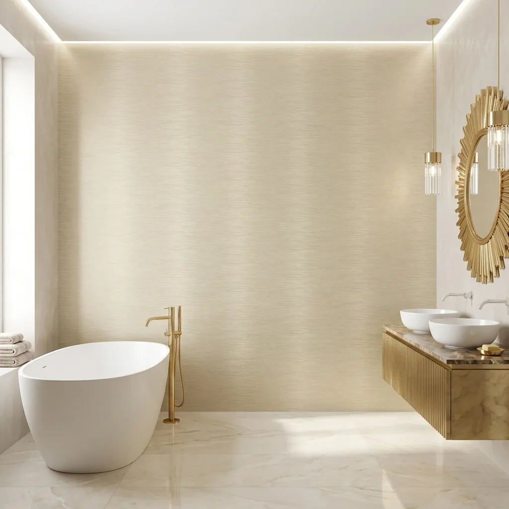 Bathroom - Elegant bathroom showcasing 'Operetta' wallpaper in Warm Ivory by York Wallcoverings, creating a serene space.