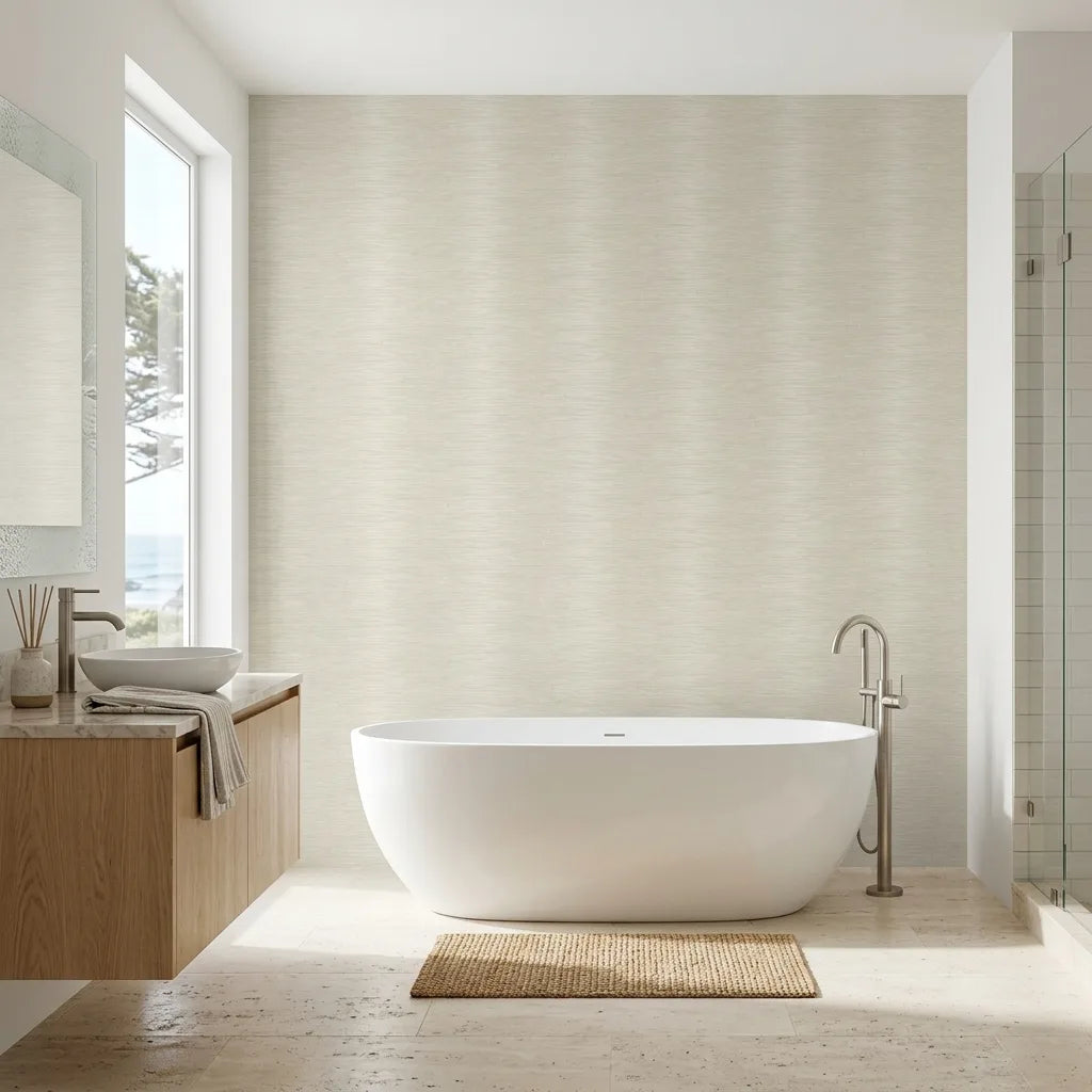 Bathroom - Elegant space featuring Operetta wallpaper in Warm Ivory by York Wallcoverings, adding sophisticated texture and warmth.