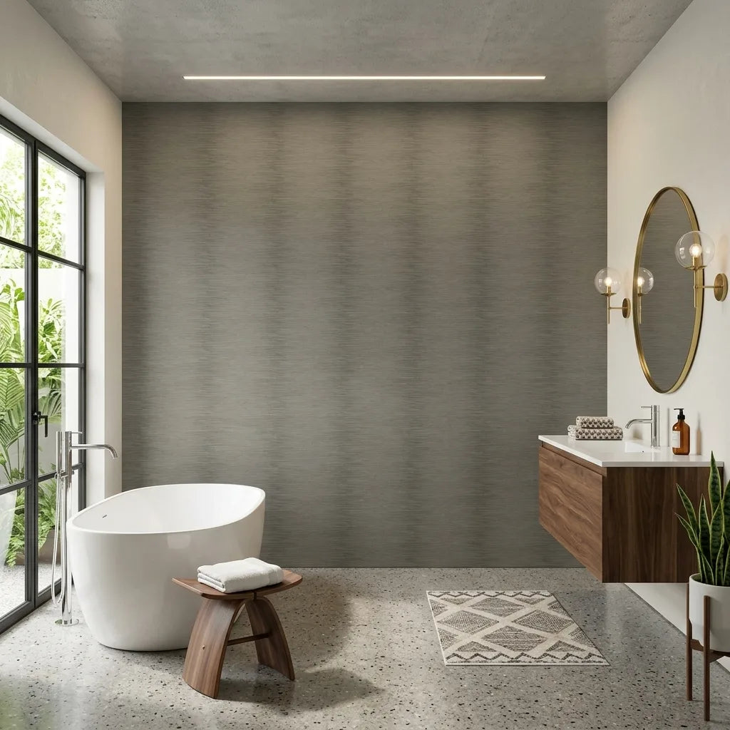 Bathroom - Elegant space featuring York Wallcoverings 'Operetta' wallpaper in sophisticated Taupe, creating a serene and stylish retreat.