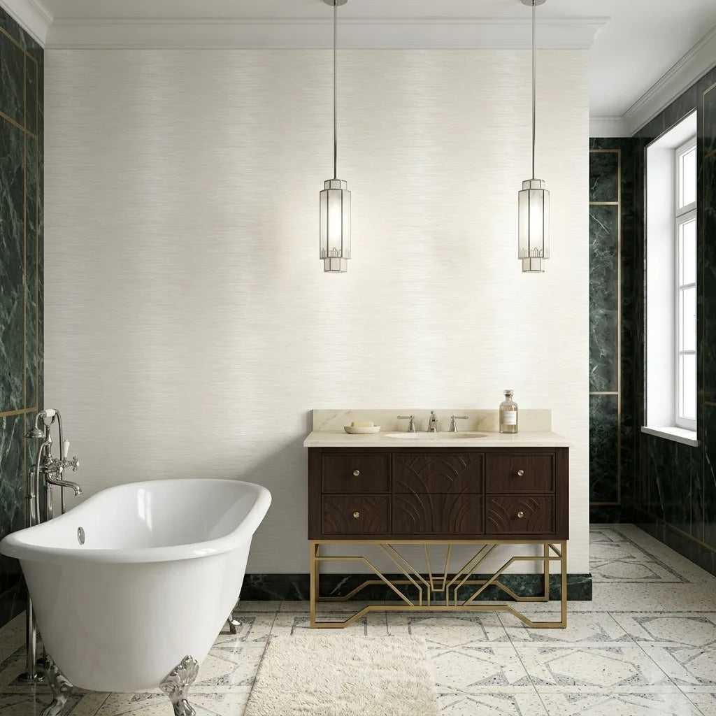 Bathroom - Operetta wallpaper in Warm Ivory by York Wallcoverings enhances this elegant bathroom with sophisticated style.