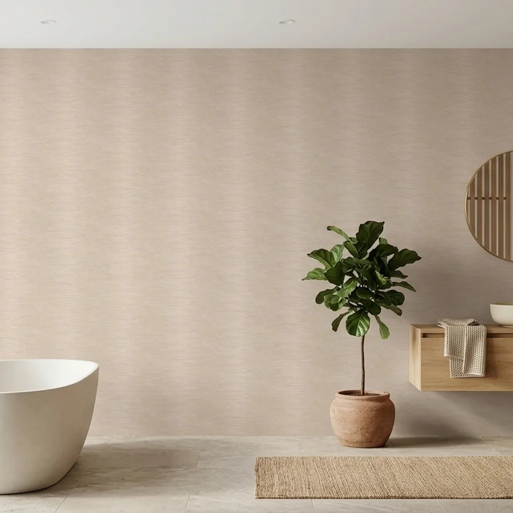 Bathroom - Elegant bathroom showcasing York Wallcoverings' Operetta wallpaper in a luxurious Beige and Gold pattern.