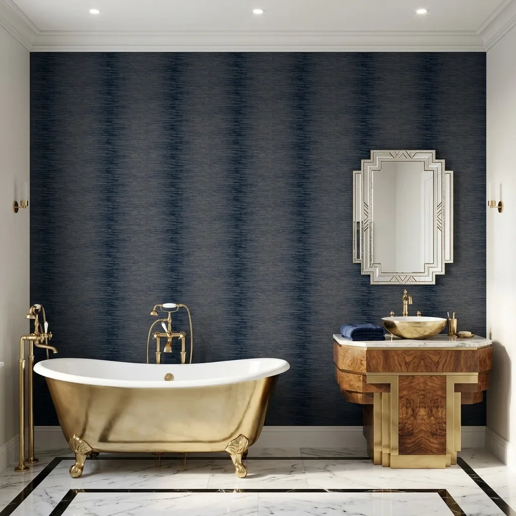 Bathroom - Elegant bathroom with Operetta wallpaper in Navy Blue and Taupe by York Wallcoverings, creating a sophisticated look.