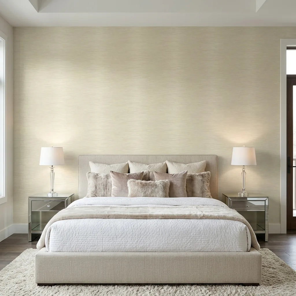 Bedroom - Elegant room showcasing York Wallcoverings' Operetta wallpaper in Warm Ivory, adding sophisticated style to the interior.
