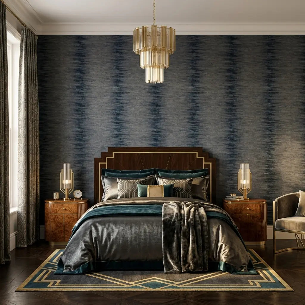 Bedroom - Elegant space showcasing York Wallcoverings' 'Operetta' wallpaper in Navy Blue, Taupe, adding sophisticated style.