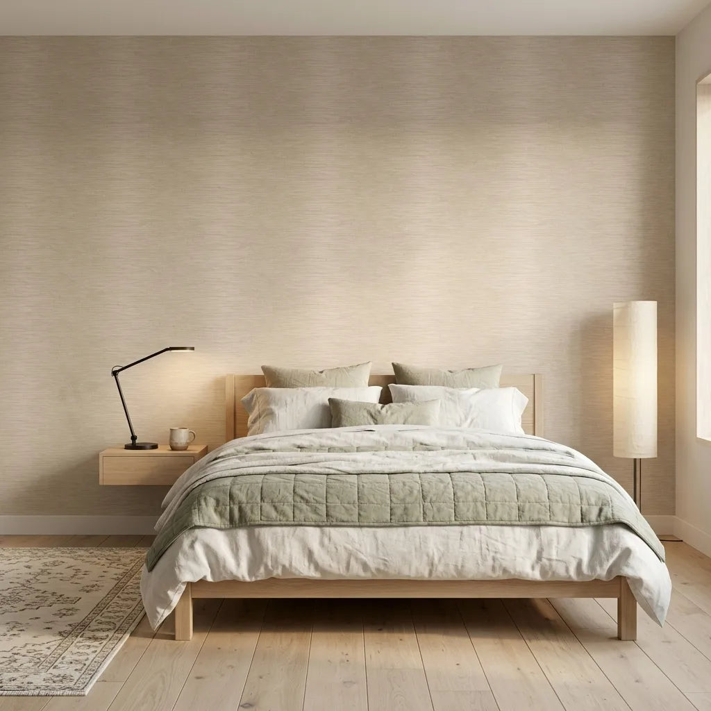 Bedroom - Elegant bedroom featuring "Operetta" wallpaper in Beige and Gold by York Wallcoverings, creating a luxurious and serene space.