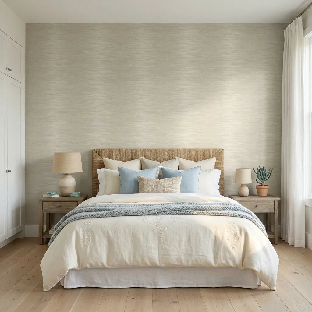 Bedroom - Stylish bedroom featuring Operetta wallpaper in Warm Ivory by York Wallcoverings, creating a luxurious and inviting ambiance.